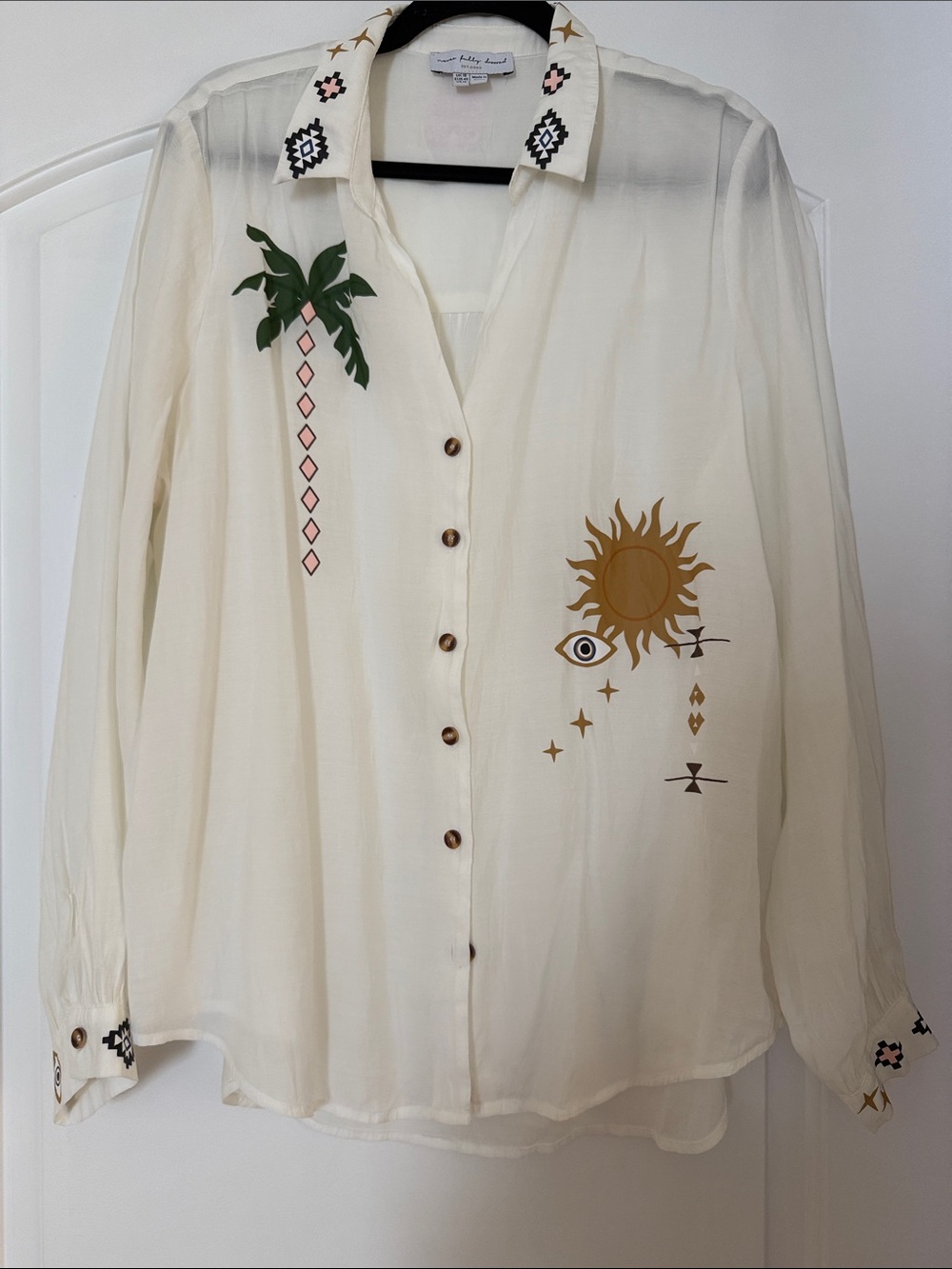 Never Fully Dressed Cream Button-Down Blouse with Sun & Palm Motifs